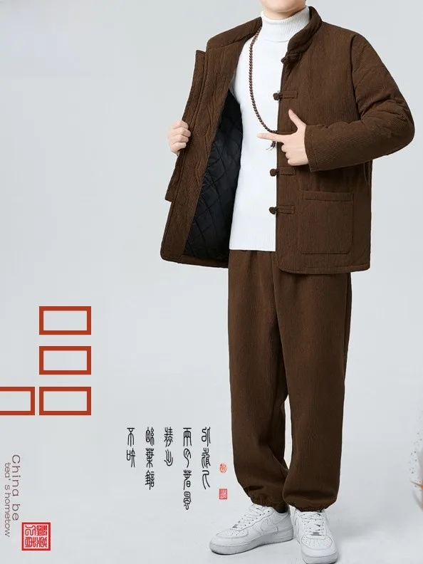 

Men's Winter Faion Corduroy Cotton Jaet And Pants Set Traditional Chinese Sle Tang Costume Two-Piece Suit Warm And Thi