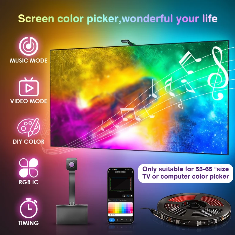 TV LED Backlight With Camera Ambient Strip Light For 55-65 Inch TVs PC  2.4Ghz Immersion Sync to Screen Work With Alexa&Google