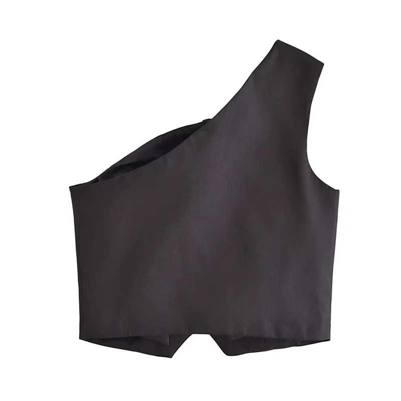 KEYANKETIAN 2024 New Launch Women's Asymmetrical One Shoulder Vest Summer Single Breasted Slim Simply Crop Top Black Camisole