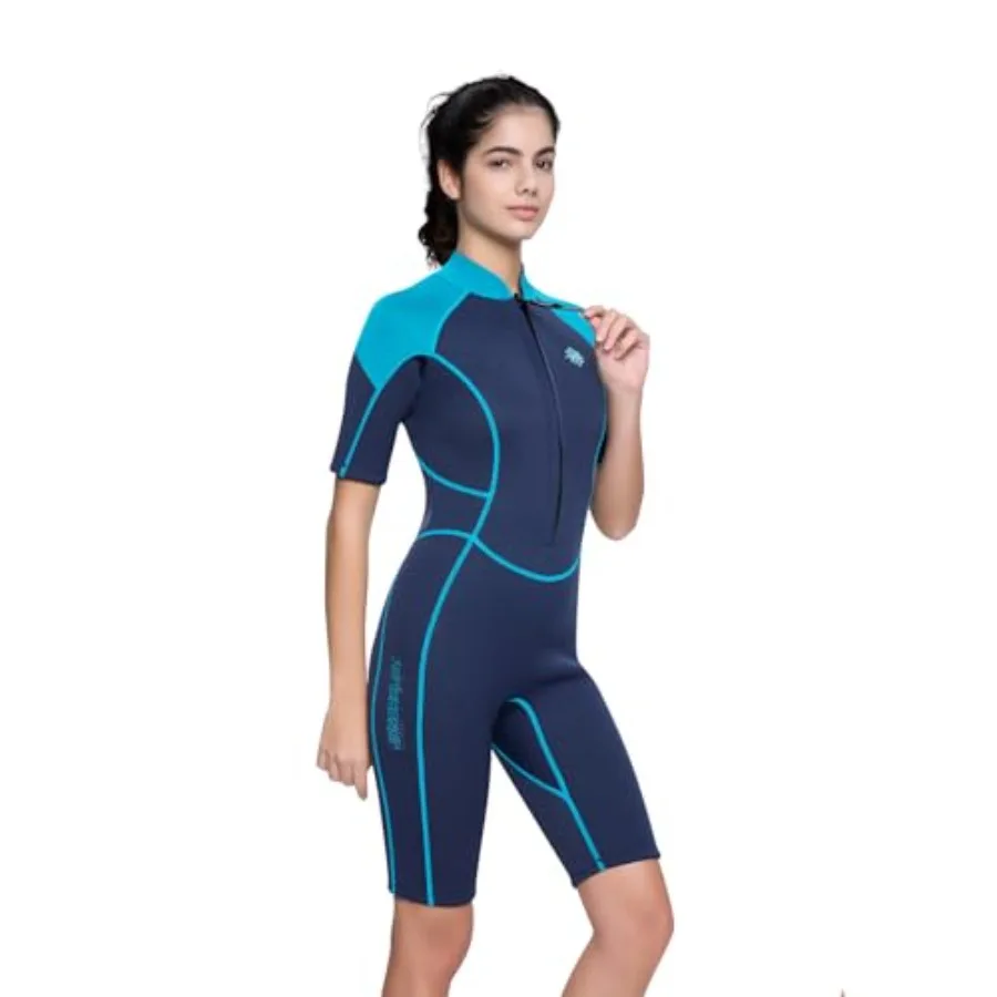 

Womens Wetsuit Shorty for diving snorkeling surfing swimming, 3mm neoprene with front zipper, black, quick-dry and flexible