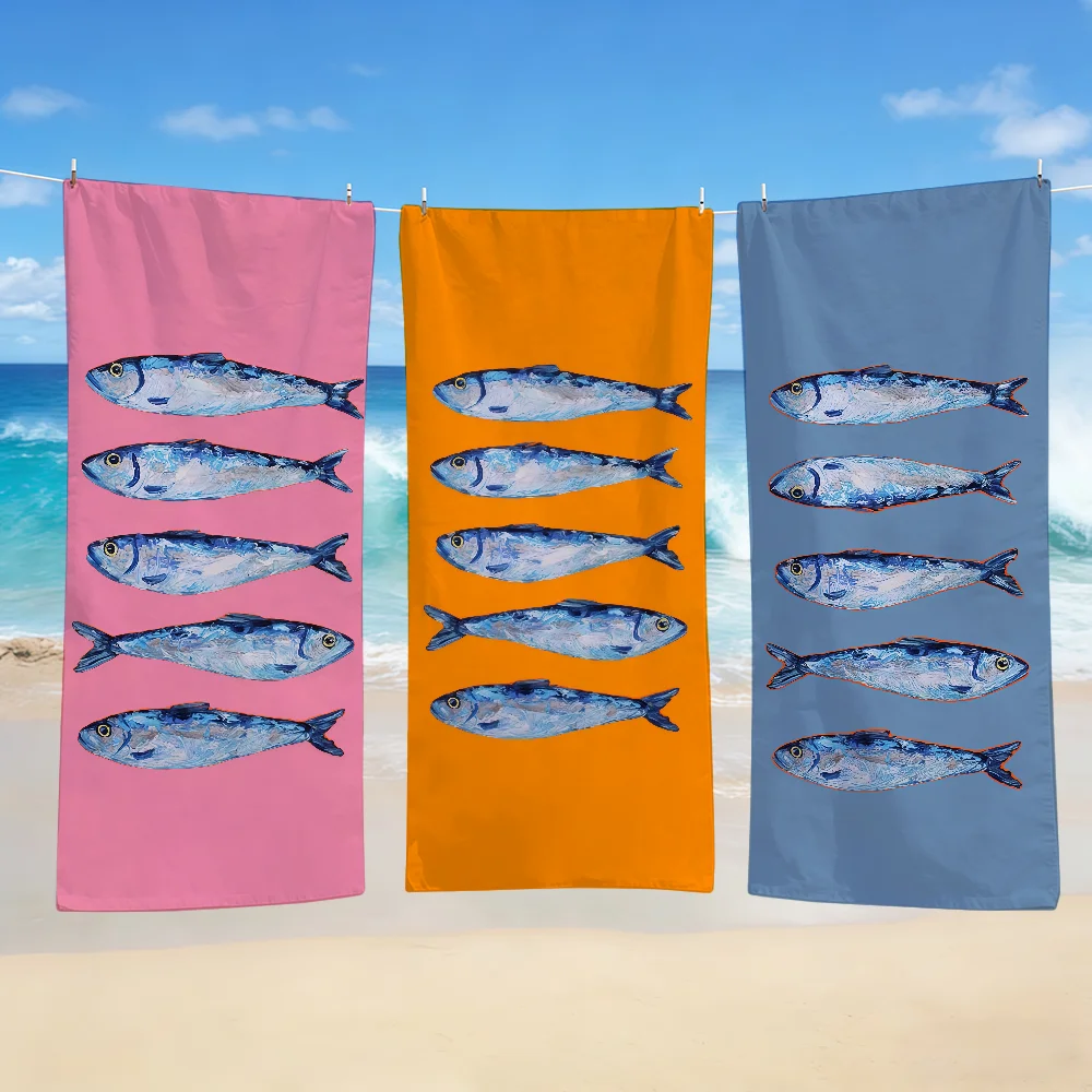 Toalla pintura textil Albornoz arte sardinas playa secado rápido ligero portátil Camping natación piscina viaje