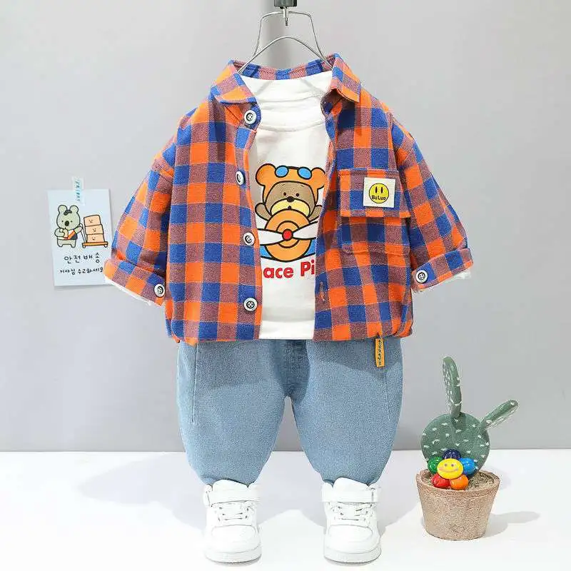 Baby Boy Clothes 0-5Y Spring Autumn Fashion Suit Boys Cartoon Plaid Shirts Jeans Children\'s Casual Clothes Baby 3 Piece Sets