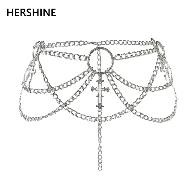 HERSHINE Women's Fashion Silver Cross Three-Layer Chain Metal Waist Chain, Y2K Gothic Punk Rock Hip Hop Accessory，spring，summer