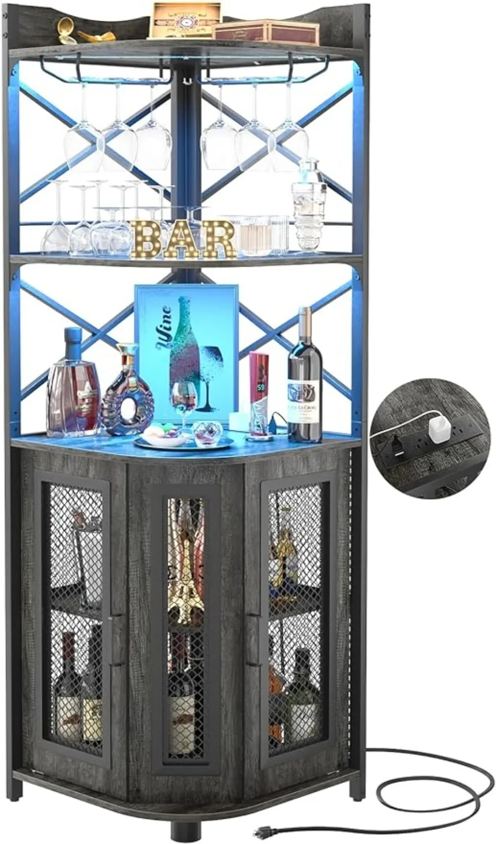 Corner Bar Cabinet with Power Outlet, Industrial Wine Cabinet with LED Strip and Glass Holder, 5-Tiers Liquor Cabinet Bar Unit