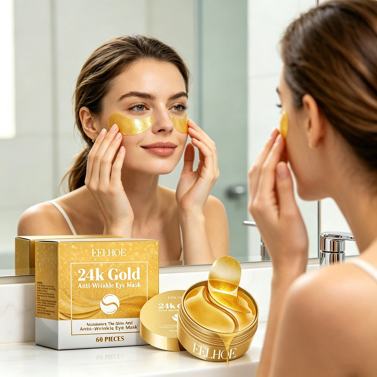 60Pcs 24K Gold Anti‑Wrinkle Eye Mask Collagen Hyaluronic Acid Eye Patches Moisturizing Brighten Dark Circles Firming Under‑Eye