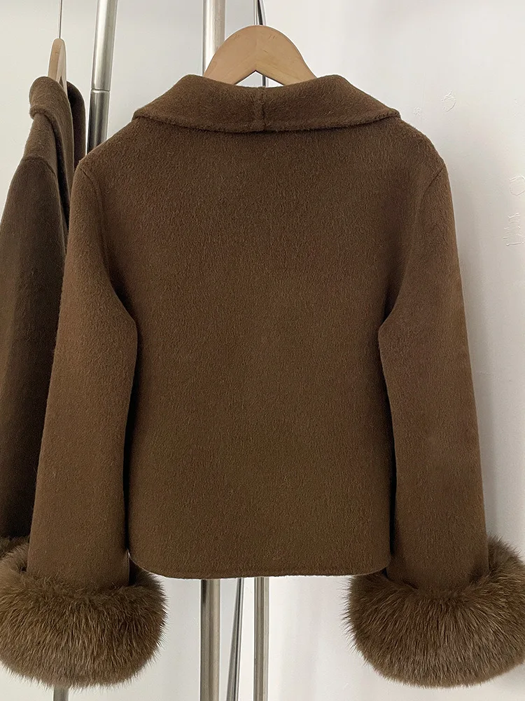 ZMEENNA 여성용 우아한 짧은 울 혼합 재킷 코트 고급스러운 모피 트림 커프스 따뜻한 겨울 아웃웨어 퍼플 ZM4559