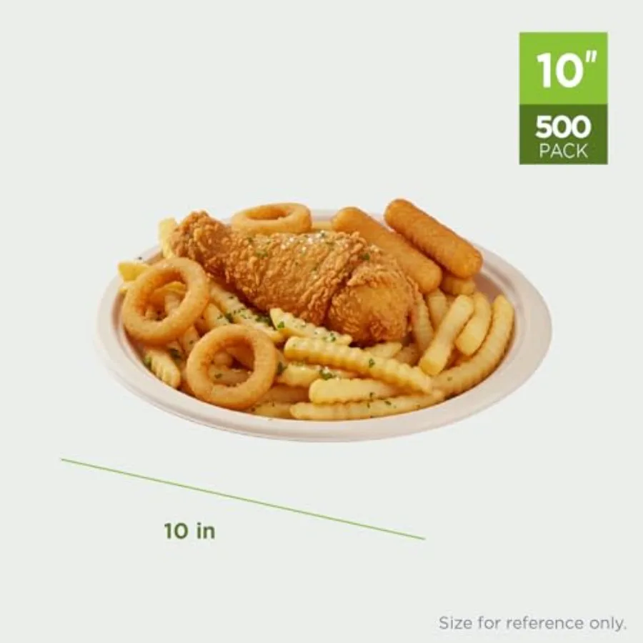 9-Inch Compostable Disposable Paper Plates 500 Pack Heavy-Duty, Molded Fiber, Eco-Friendly Bulk Package (Natural)
