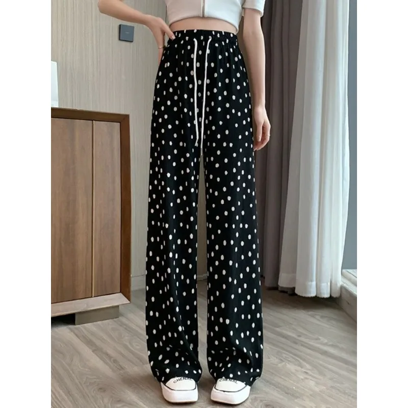 White Polka Dot Wide Leg Pantalonrs Women's Summer Droopy Feeling Loose Casual Sweatpants Textured Cool Ice Silk Latest Trousers