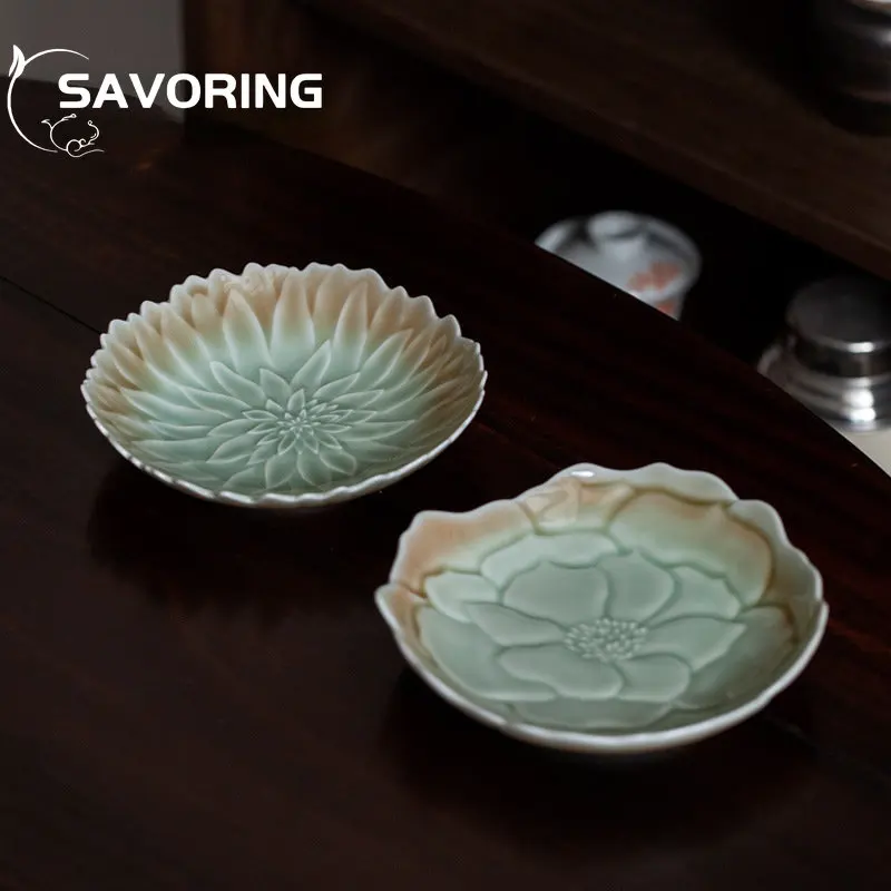 Celadon Gradient Pot Bearing Gradient Antique Tea Plate Fruit Plate Carving Chrysanthemum Plate Ceramic Household KungFu Tea Set