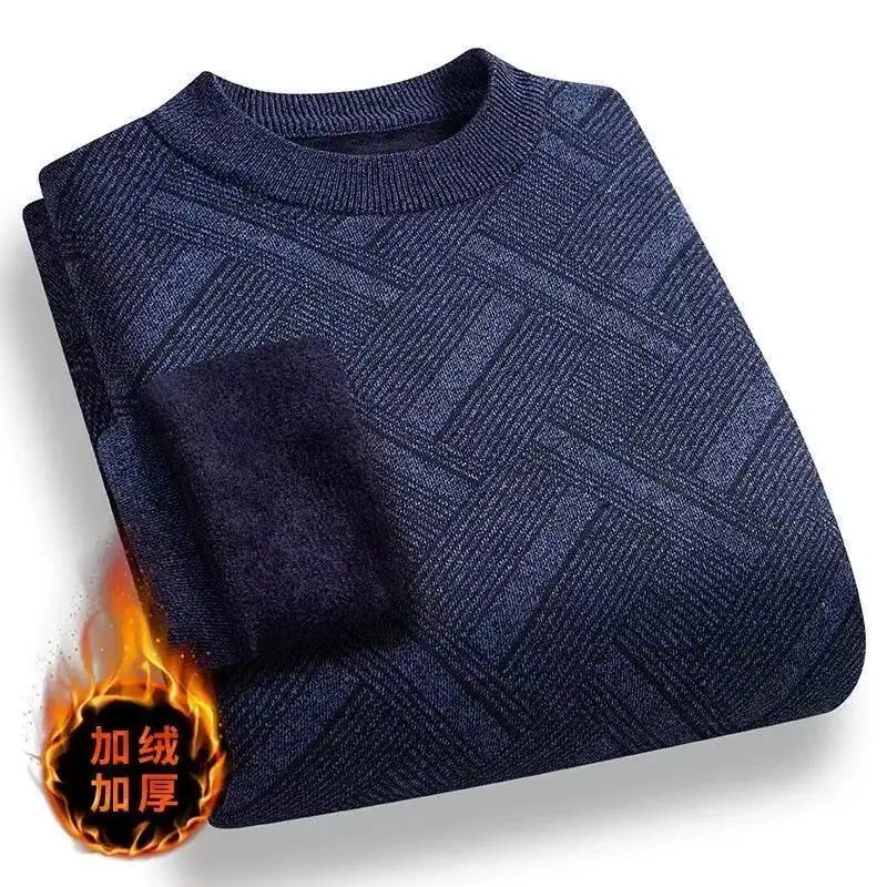 Men Crew Neck Knit Sweater Fleece Lined Thick Warm Winter Loose Middle Aged Dad Base Shirt