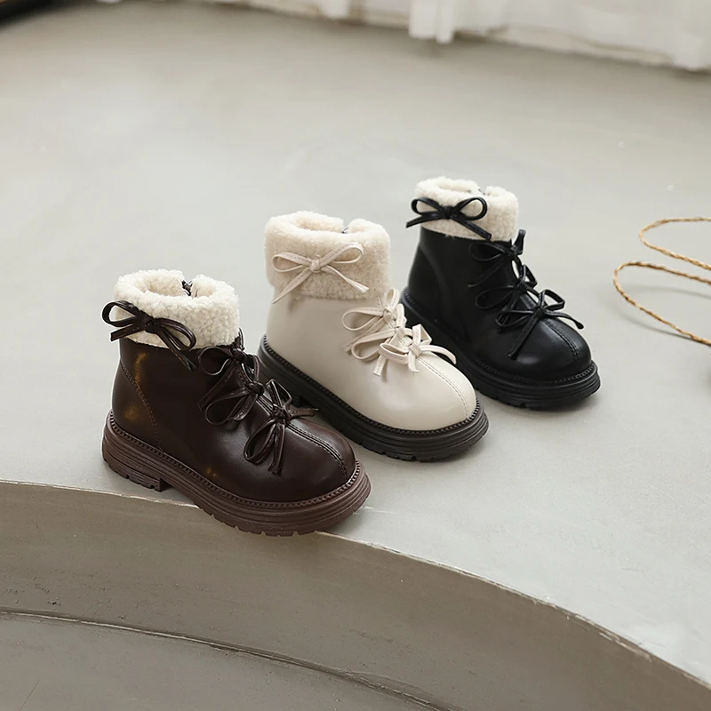

Новые зимние ботильоны из плюша для девочек, детские модные хлопковые сапоги принцессы с милым бантом, теплые детские кожаные сапоги на толстой подошве