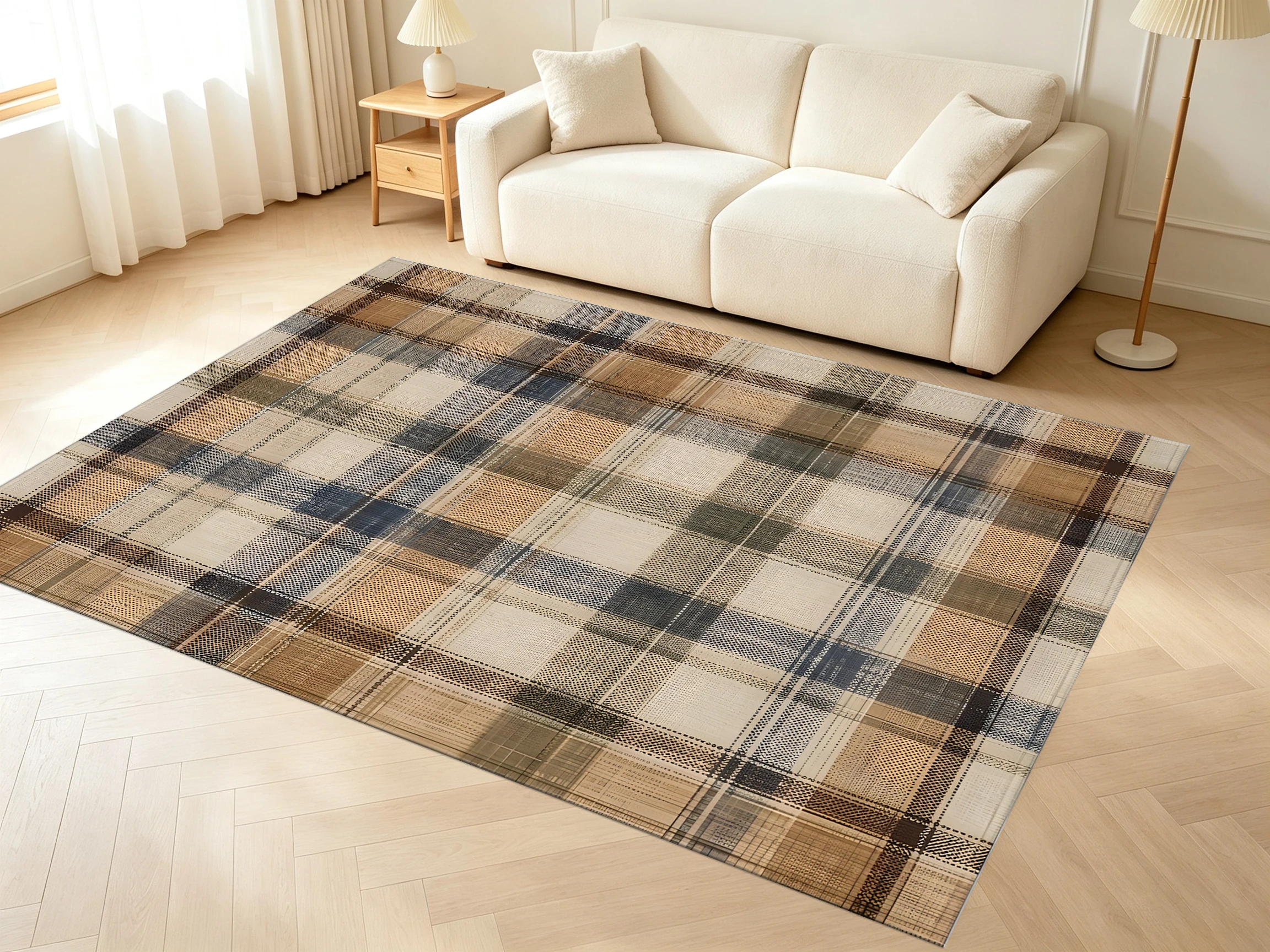 Vintage Plaid Area Rug, Classic Earth-Tone Check Pattern, for Autumn Winter Space Refresh, Decor for Study and Living Room