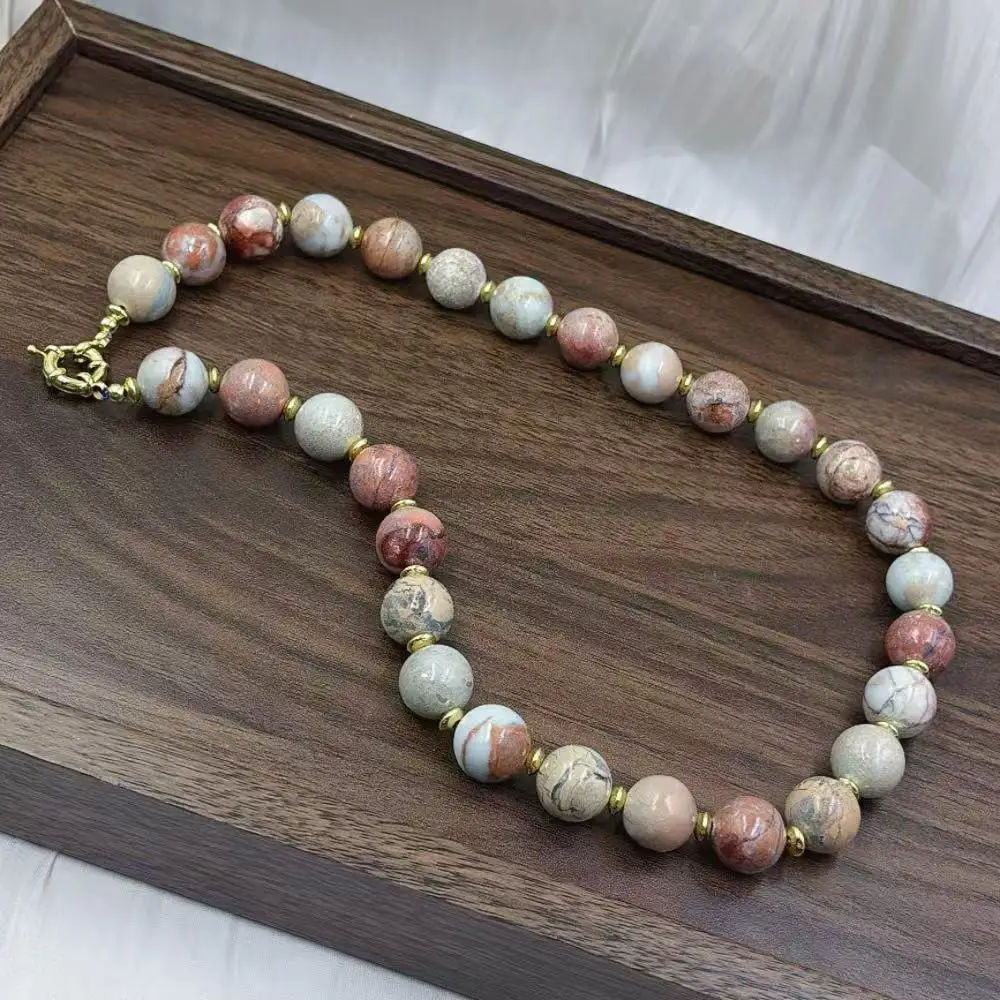 14x14mm Woman Man Unisex Round Shoushan Stone Jasper Gemstone Retro Jewelry Necklace