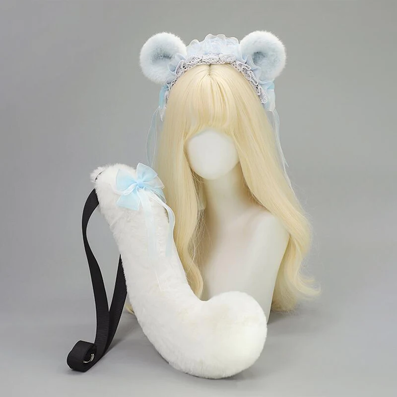 Halloween Furry Hamster Ear Hairband Realistic Tail Set Cute Animal Plush Flying Squirrel Tail KC JK Lolita Anime Cosplay Props