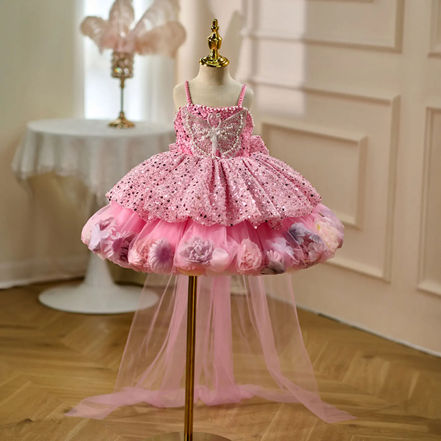 

Jill Wish J030 Luxury Flower Girl Dress Handmade Flowers Knee Length Princess Wedding 1st Birthday Party Pageant Evening Gown
