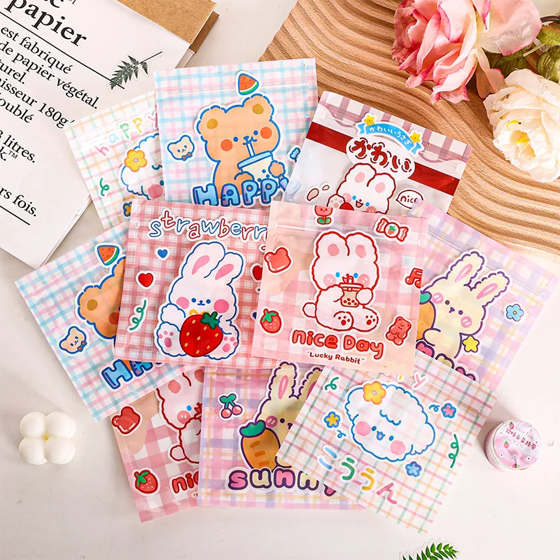 10Pcs Cute Bear Rabbits Plastic Self Stand Bag Cookie Biscuits Candy Nougat Packaging Bags Gift Zipper Bag 13.5*13.5 cm