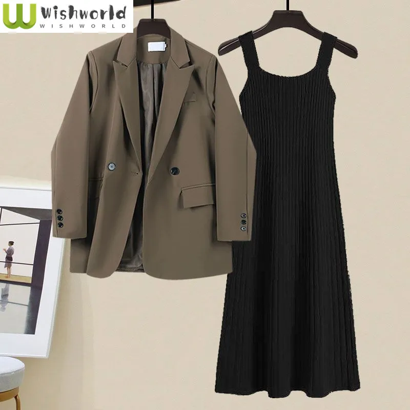 

Spring and Autumn Set Women's 2024 New Korean Edition High End Suit Coat Slimming Dress Age Reducing Two Piece Set