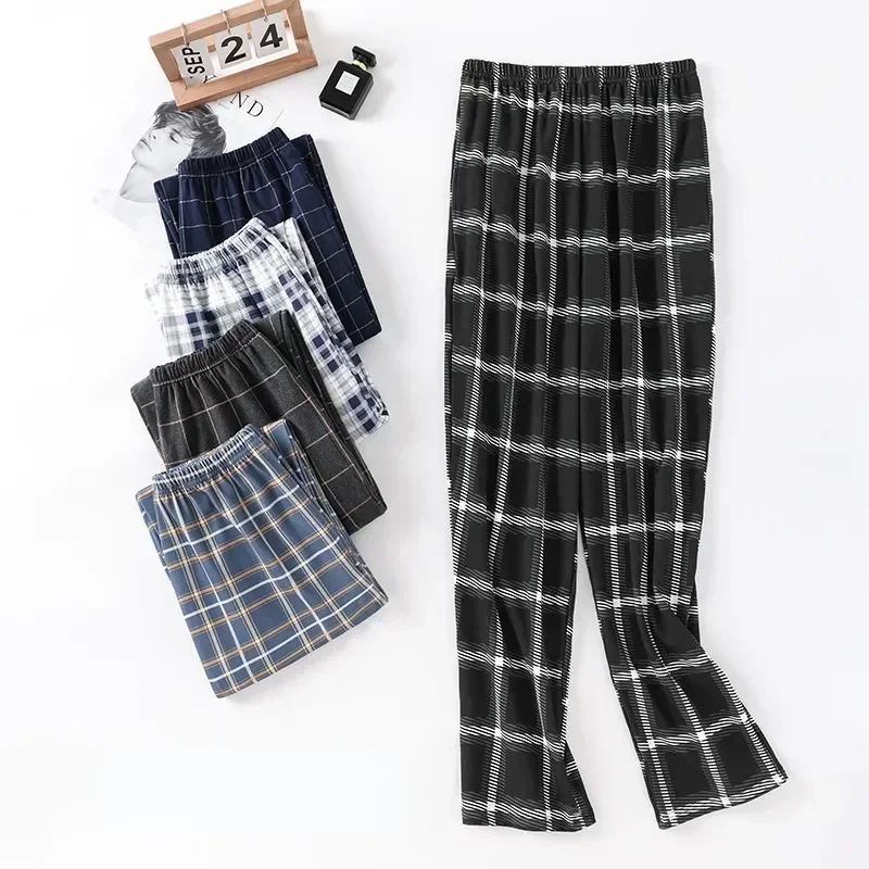 Spring Autumn Knitted And Loose Cotton Pajama Trousers Long Home Men's Size Large Pants Design Newest Plaid