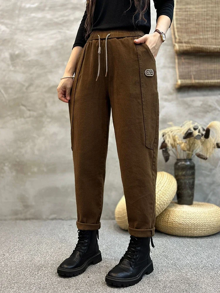 2024 Spring Cotton Linen Harem Pants for Women High Waist Ankle-length Jogger Pants with Pocket Balck Women's Baggy Sweatpants