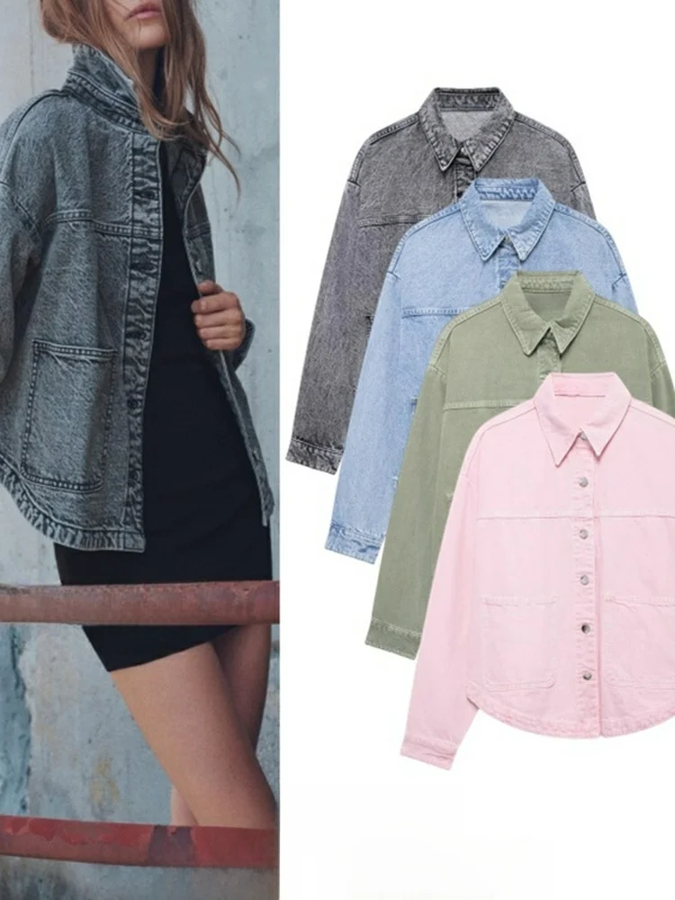 

American Workwear Sle Long Sve Denim Jaet with Big kets Turn-down Collar Casual Outerwear for Young Women