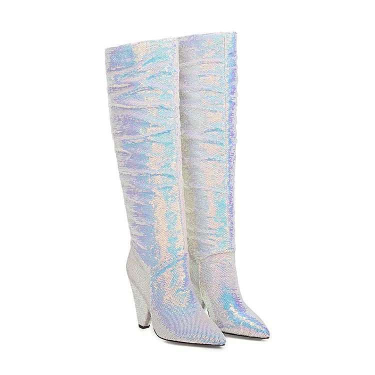 Sexy Spike high heels Laser blue Bling Bling Knee Boots  Pointed toe multi sequins Street knight Boots for Woman