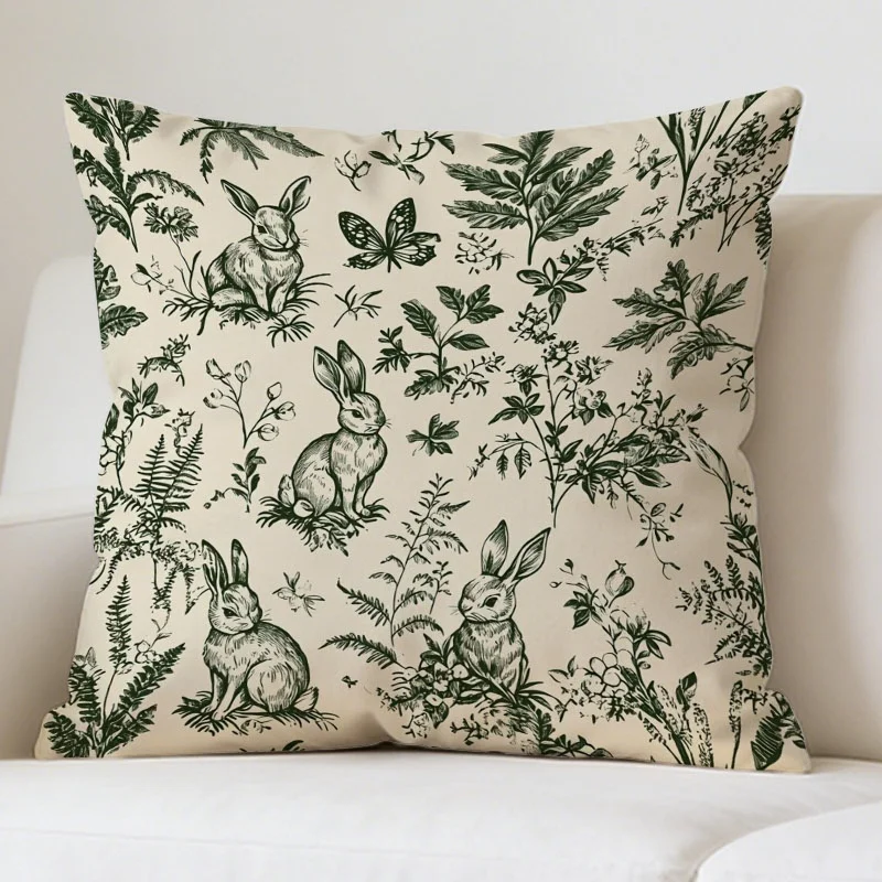 []1pcs Double - Sided Printed Throw Pillow Cover, 17.72in*17.72in, Vintage - Style Line Drawing with Beige Background, Green Botanicals & Rabbits Pattern, Classic Home Decor for Living Room, Bedroom, Soft & Durable Fabric, Natural Whimsical Vibe