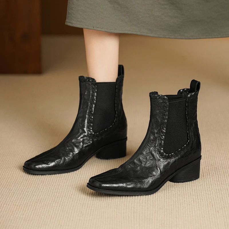 Women's New 2027 Autumn/Winter Square Headed Shoes Genuine Leather Retro Sheepskin Elastic High Heels Calf Chelsea Short Boots