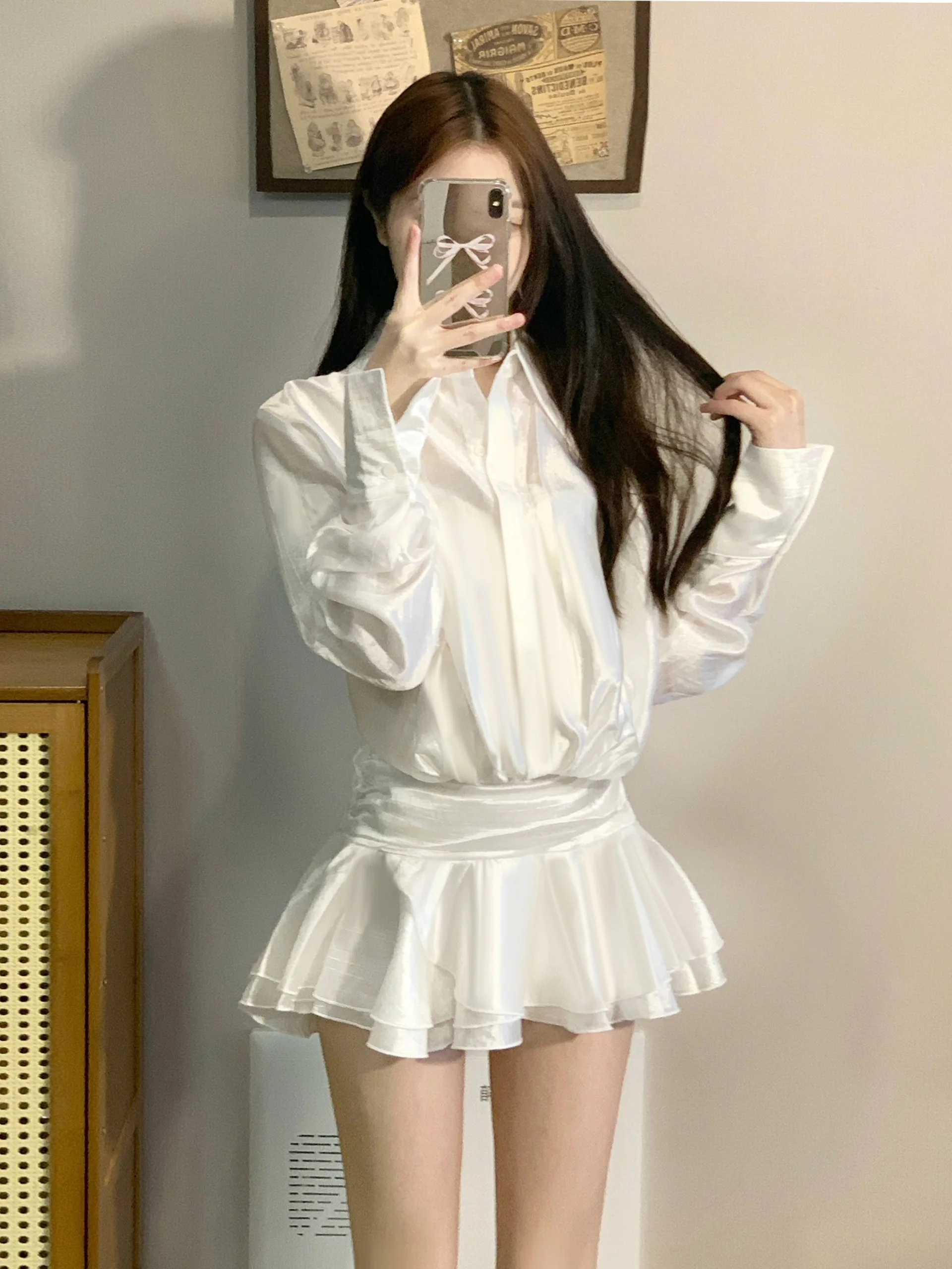 2024 Autumn Fashion New Shirt Dresses For Women Single Breasted Waist Lapel Long Sleeved Dress Female Trendy White