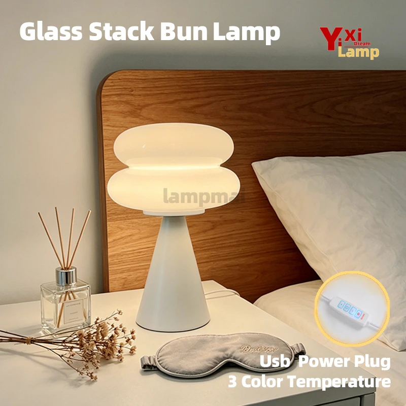 

Murano Glass Stacked Bun Bread Table Lamp, 3 Color Temp Dimmable Bedside Lamp, Decor Desk Light for Bedroom, Dorm & Study Room