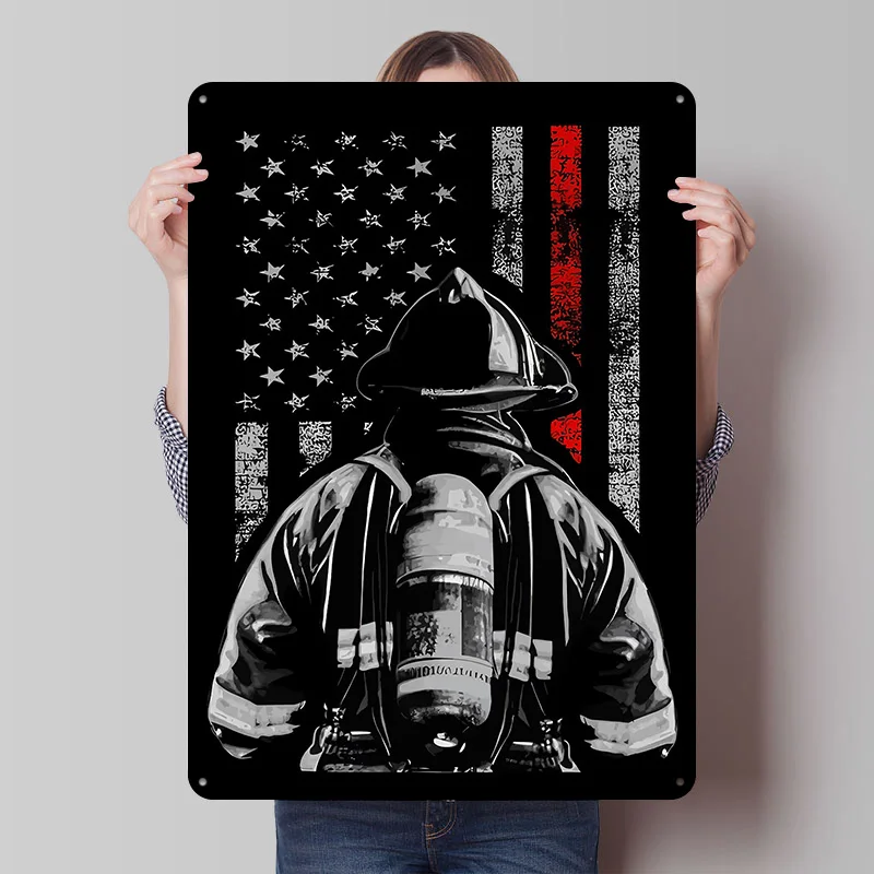 Firefighter USA Flag Gift Printed Poster Customized Retro Wall Art Vintage Metal Tin Signs for Decoration Bedroom House Interior