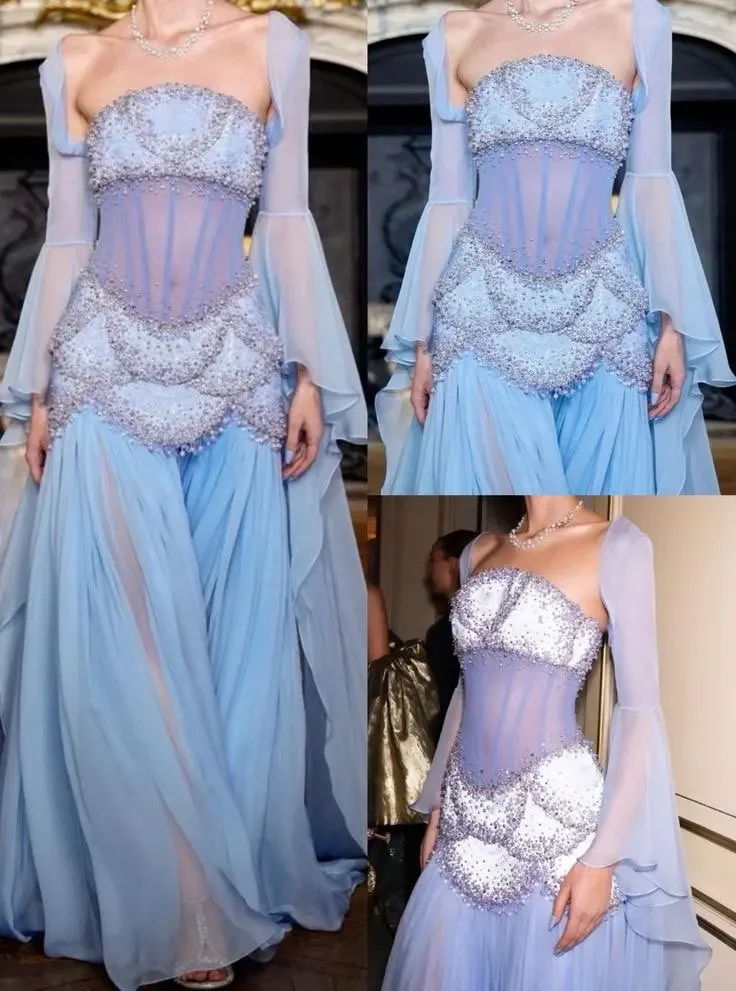 Небесно-голубые платья для выпускного вечера по индивидуальному заказу, женские вечерние платья без рукавов с бисером, длиной до пола, с разрезом, вечерние платья для торжественных случаев