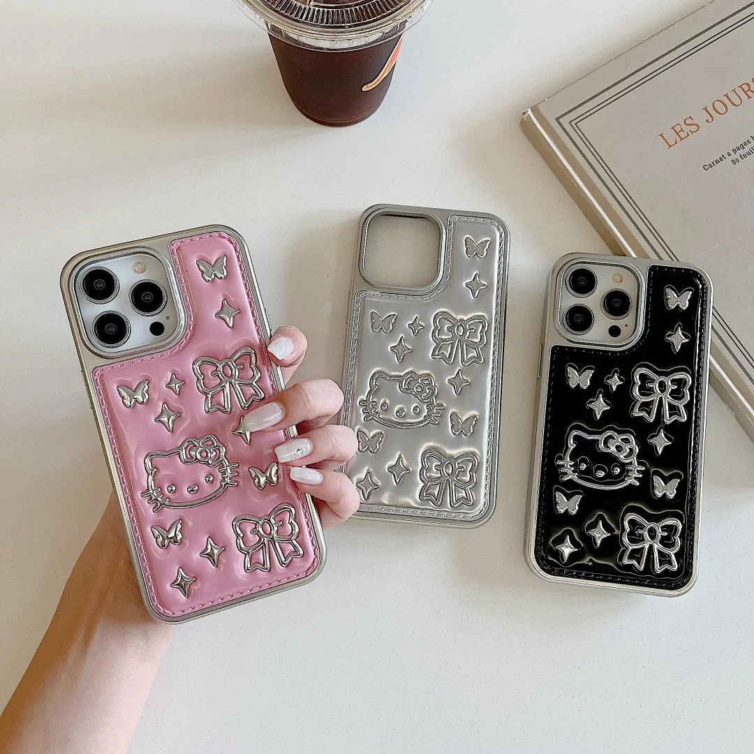 

Luxury Leather 3D Hello Kitty Korean Aesthetics Phone Case for IPhone 16 15 14 13 Pro Max Anti-drop Soft Back Cover Funda Gift﻿﻿