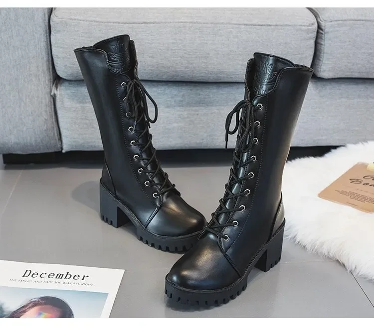 luxury 2024 New Winter Motorcycle Boots Buckle Women British Style Mid-calf Women\'s Short Boot Gothic Square Heel Women Shoes