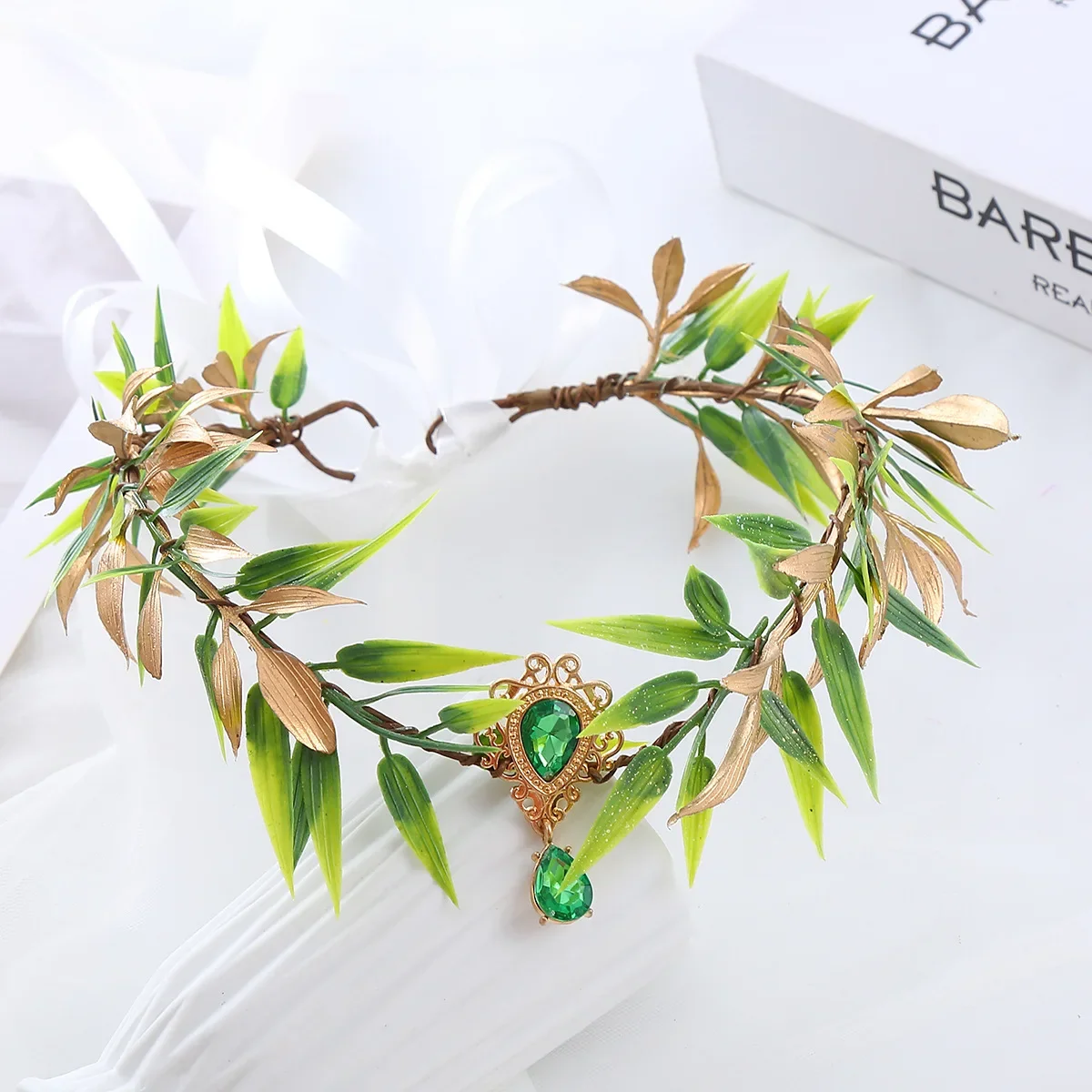 Green Gold Leaf Fairy Headband Renaissance Faire Costume for Woodland Elf Headpiece Forest Leaf Crown With Pendant