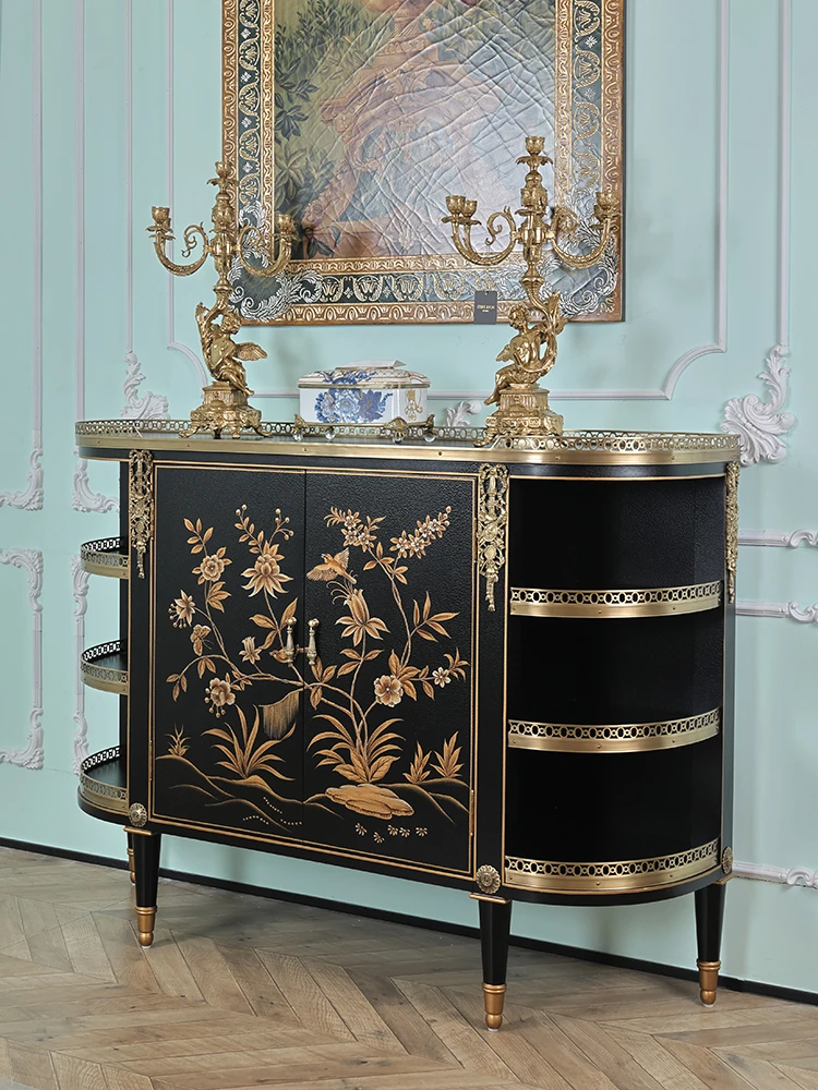 Solid Wood Hand Drawn Flowers and Birds Copper Edge 1.38 M Hollow Edge Black Crack Paint Entrance Cabinet