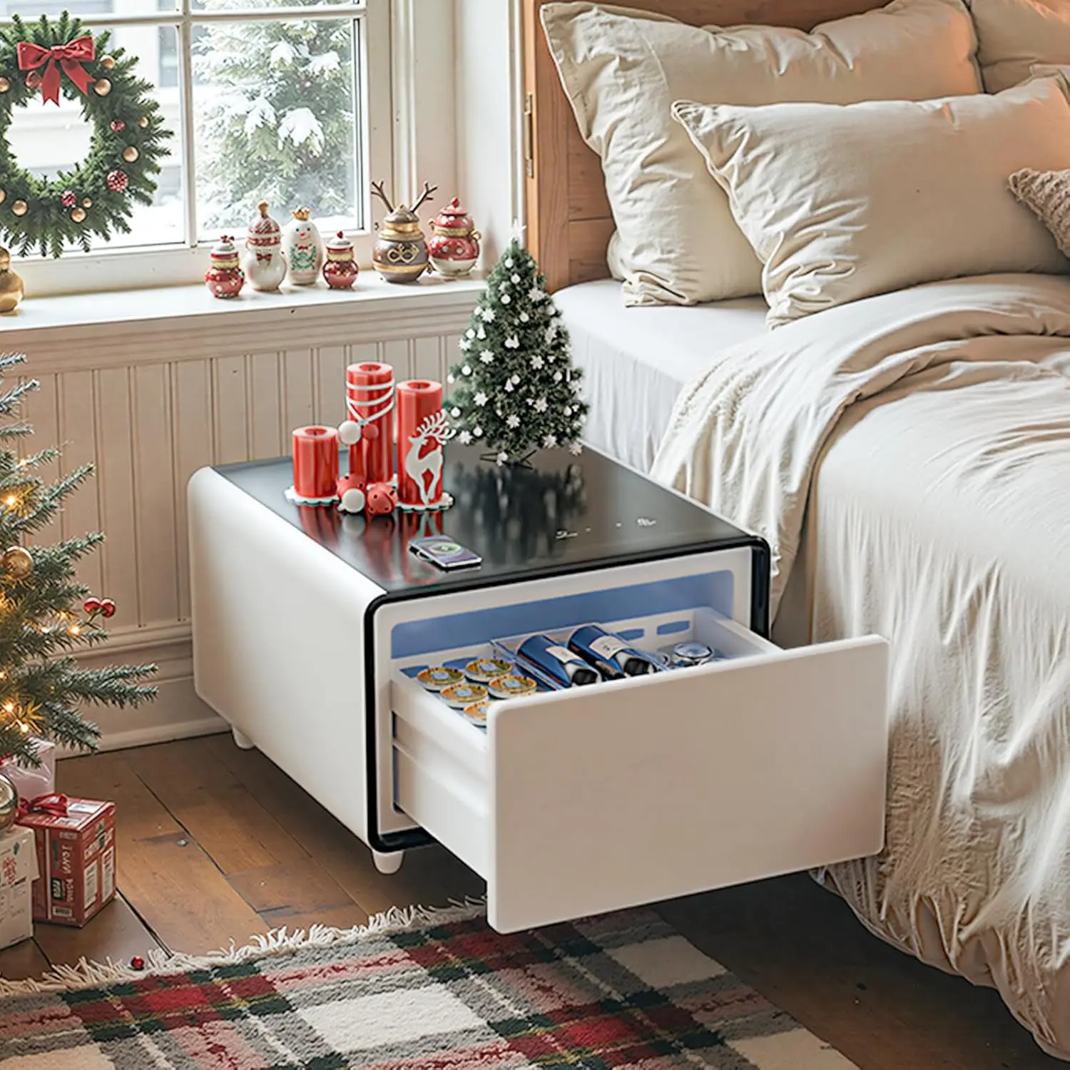 

Smart Side Table with Built-in Fridge 15W Wireless Charging USB Ports Outlets 27.7x26.3x18.1 Inch White Customized