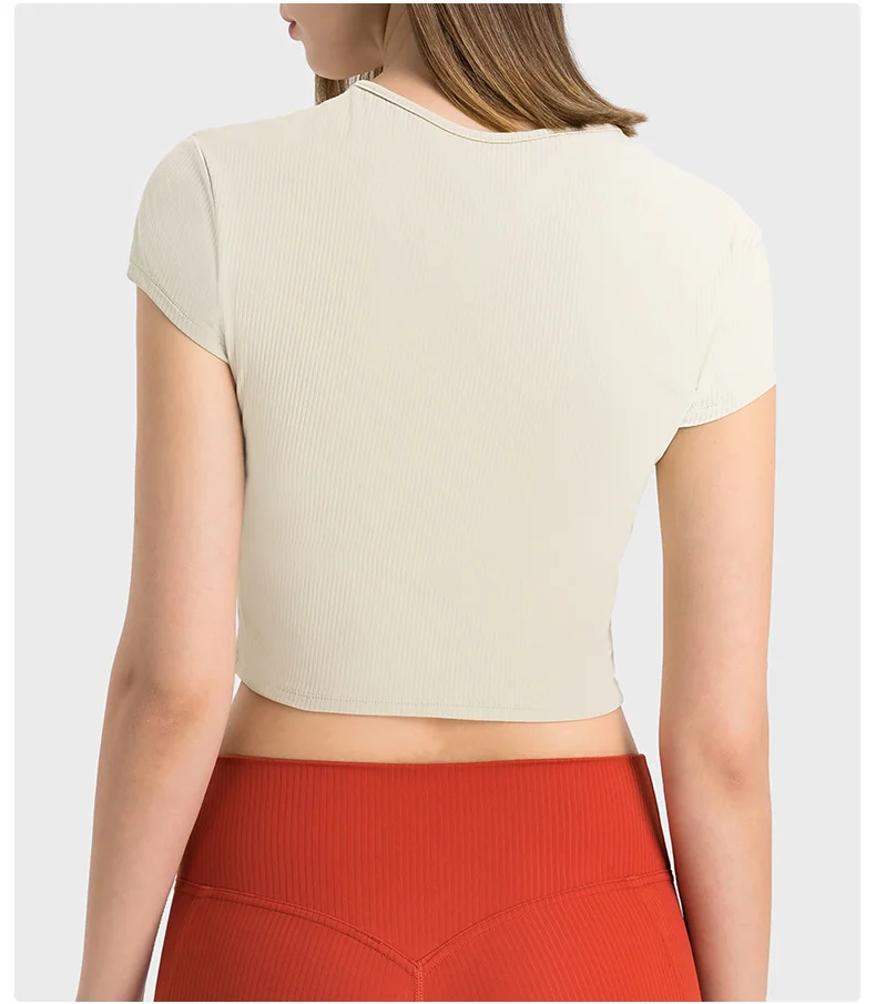 Striped ribbed open navel deep V-neck sports short sleeved T-shirt for women's fashion versatile outdoor sports fitness yoga top