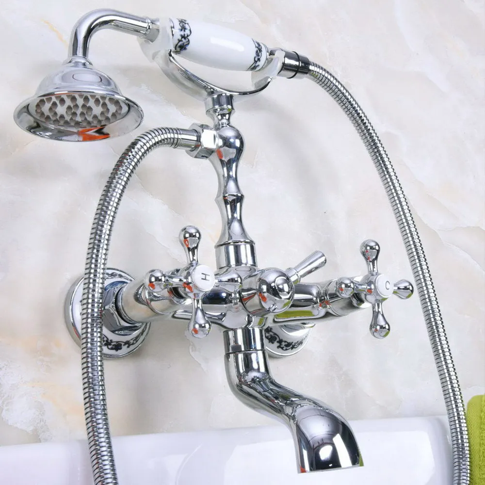 Modern Chrome Brass Wall Mount Bathroom Bathtub Faucet Set WITH/ 1500MM Handheld Shower Spray Head Mixer Tap Dna184