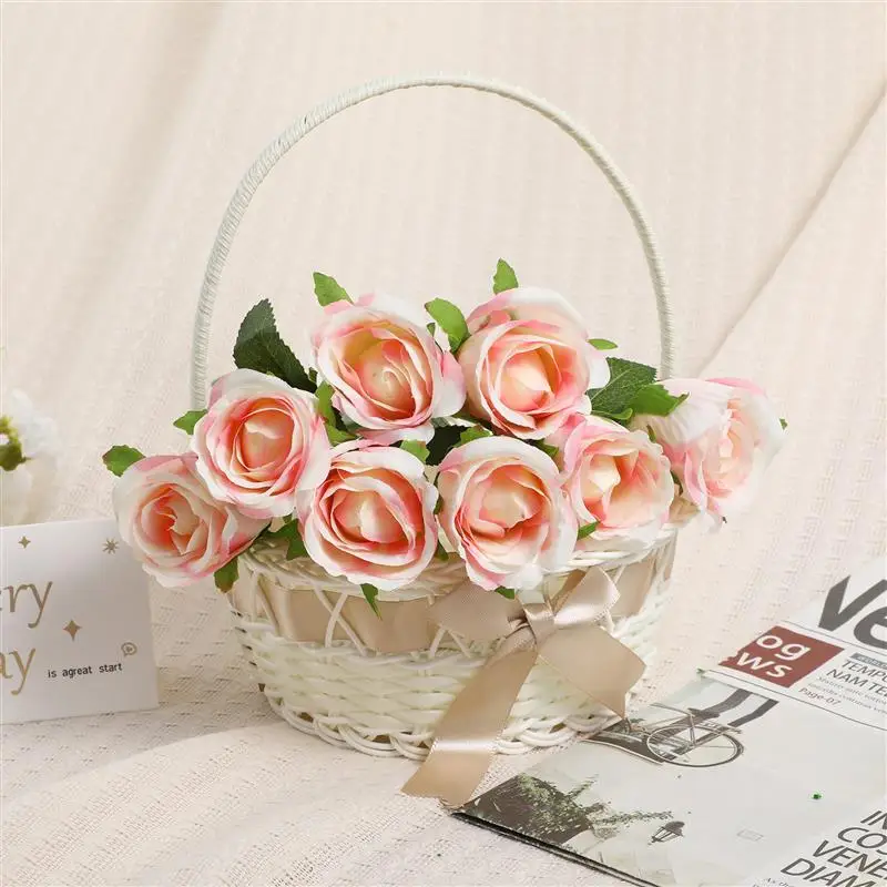 Handmade Wicker Rattan Storage Basket Wedding Flower Girl Basket Bowknot Fruit Holder Hamper Camping Picnic Organizer