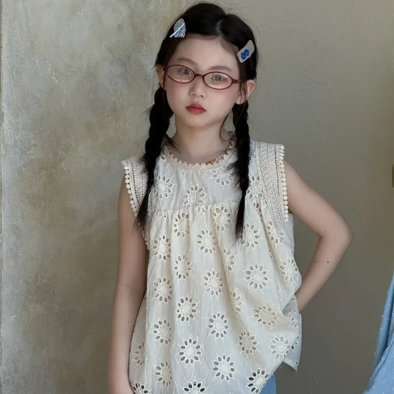 

Children's Clothing Girls' Top 2025 Summer New Style Children's Korean Lace Sleeveless Vest Casual Top Trend