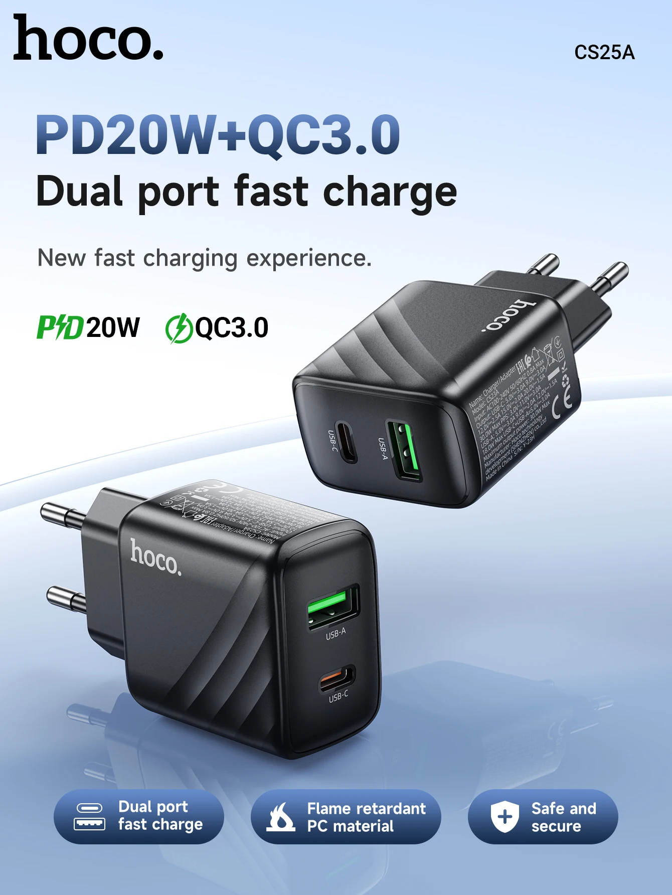 HOCO CS25A 20W USB Type C Charger PD Fast Charge QC 3.0 Quick Charge for iPhone 15/14/13/12 Pro Max Mini iPad Charging