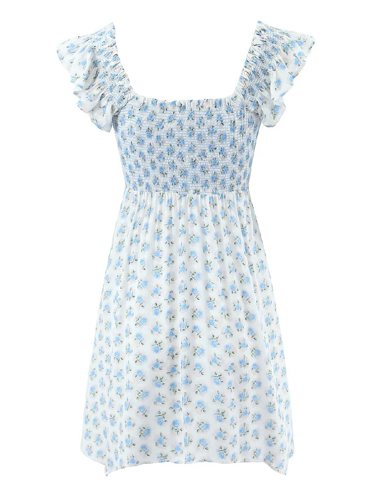 Sexy White Blue Flower Print Ruffle Strap Mini Dress V neck Ruched Elastic Chest Corset Sleeveless Short Tank Robe Holiday Woman