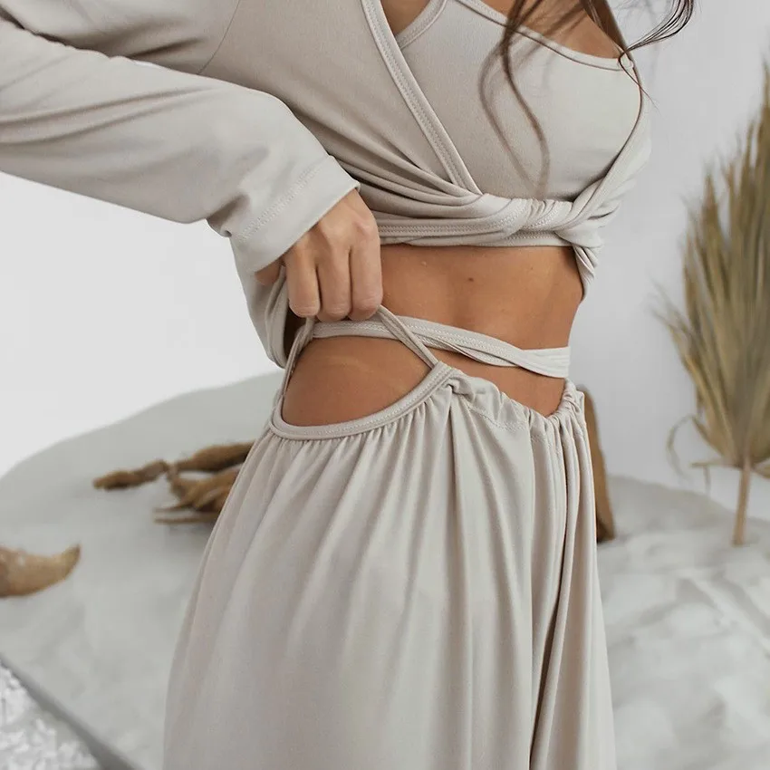 Summer Women Pajama Crop Top Wide Leg Sleepwear Set Beige Long Sleeve Gray Lounge Nightwear White Oversized Fit Home Wear view 4