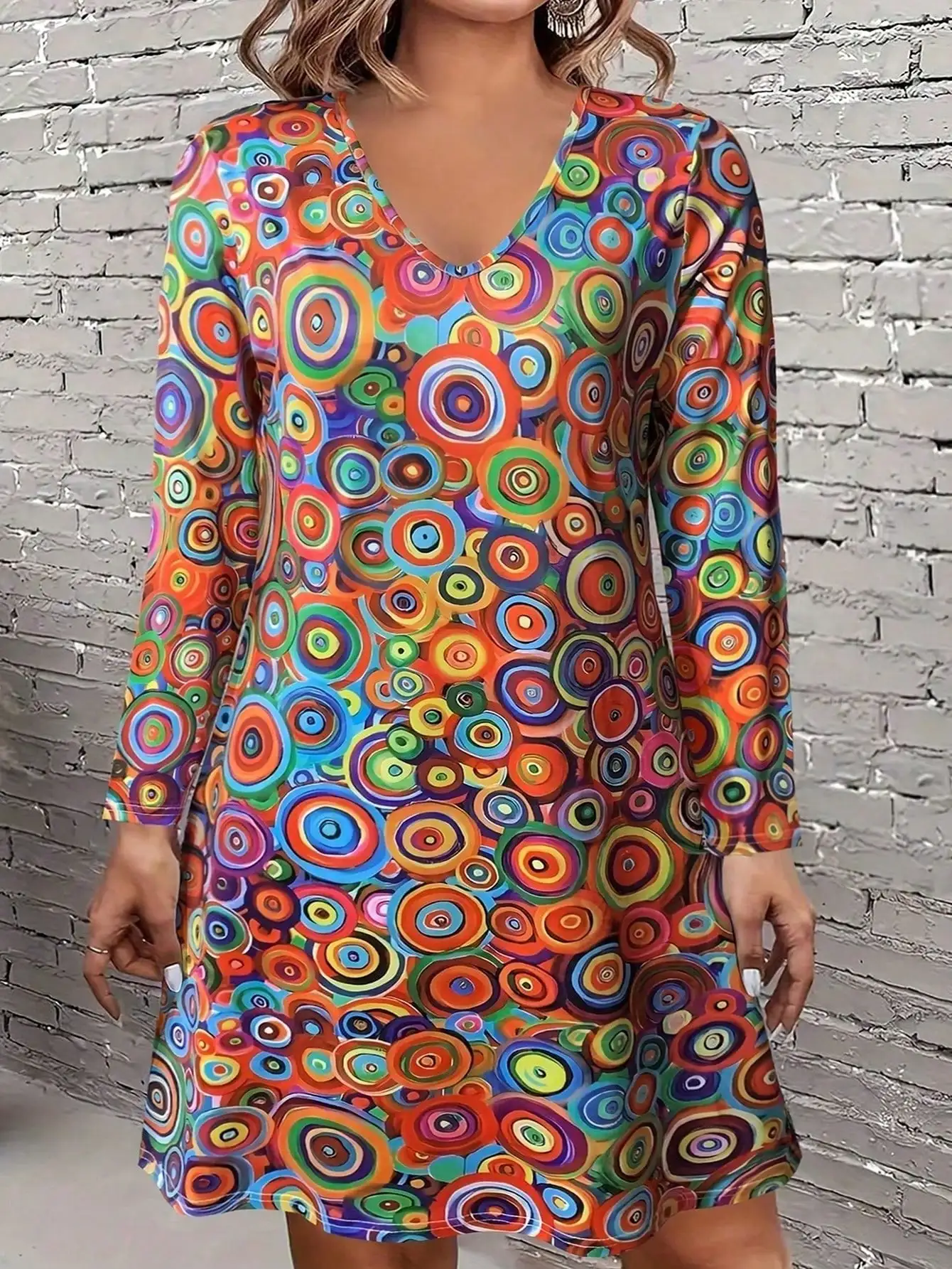 

Женское круглое платье больших размеров с v-образным вырезом и длинными рукавами — элегантное платье миди с струящейся юбкой, повседневное офисное и праздничное платье