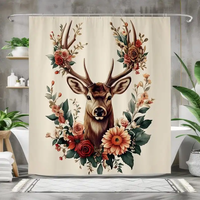 

Rustic Deer Shower Curtain, Waterproof Fabric Bath Curtain with Floral Antler Design Bathroom Decor, Nature-Inspired Art