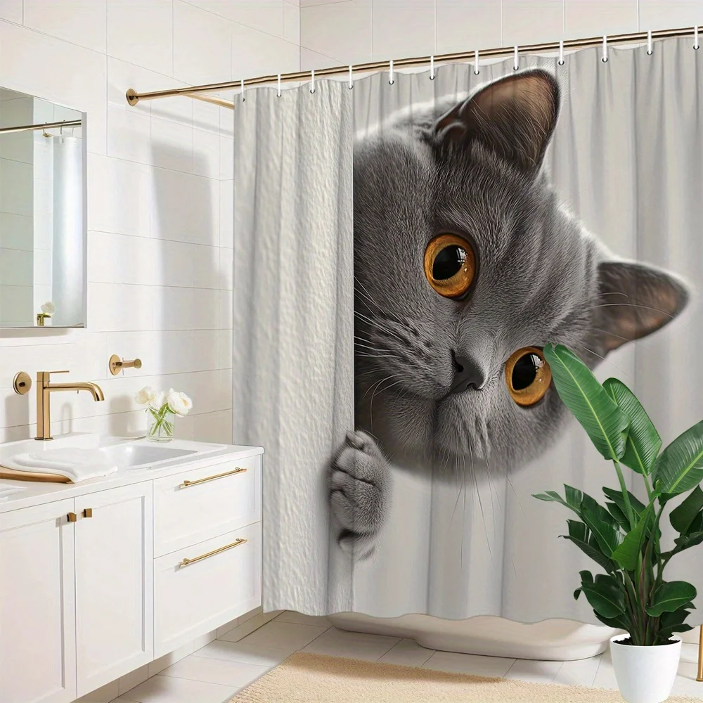 Gray British Shorthair Shower Curtain – Curious Cat with Amber Eyes Peeking Through, Soft Polyester, 12 Hooks, Machine Washable