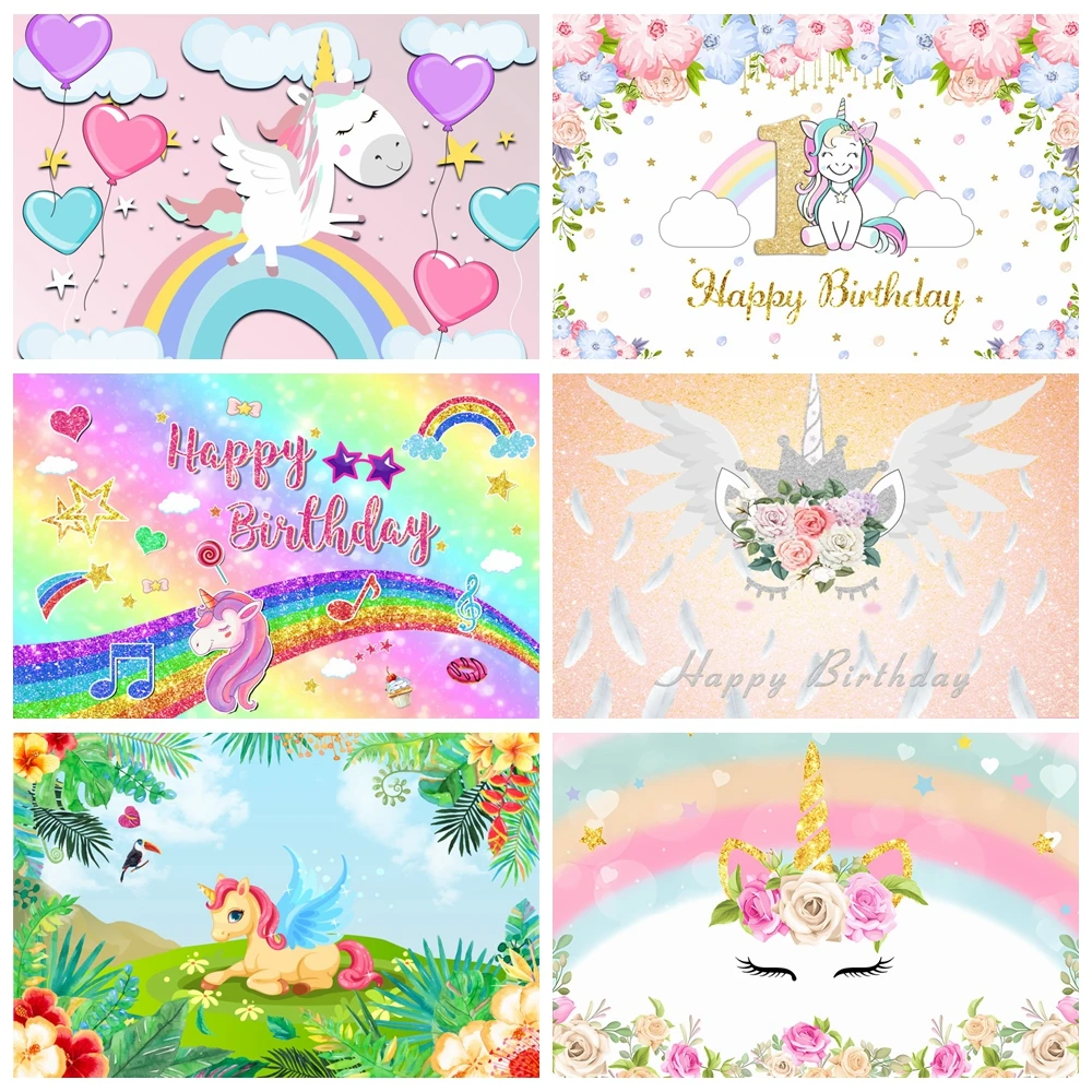 Fondo fotográfico de feliz cumpleaños de unicornio arcoíris, decoración de fondo de estrella brillante de fantasía, pancarta de fotografía para fiesta de Baby Shower