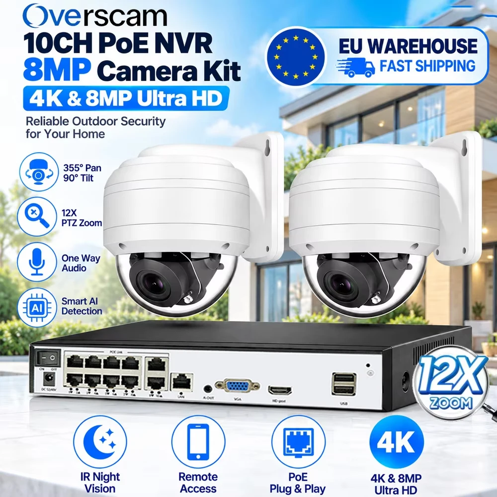 10CH 4K PoE NVR-Kit mit 8MP PTZ-Dome-Sicherheitskameras 12X Optischer Zoom 355 °   Herr 90 °   Neigbare KI-Bewegungserkennung, IR-Nachtsicht, Einweg-Audio, Fernüberwachung, Plug-and-Play,
