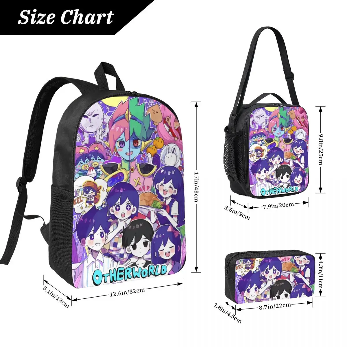 3Pcs Omori Funny Video Games Backpack Set for Kids Pencil Boxes Bookbag Sets with Lunch Box For School Students Daypack
