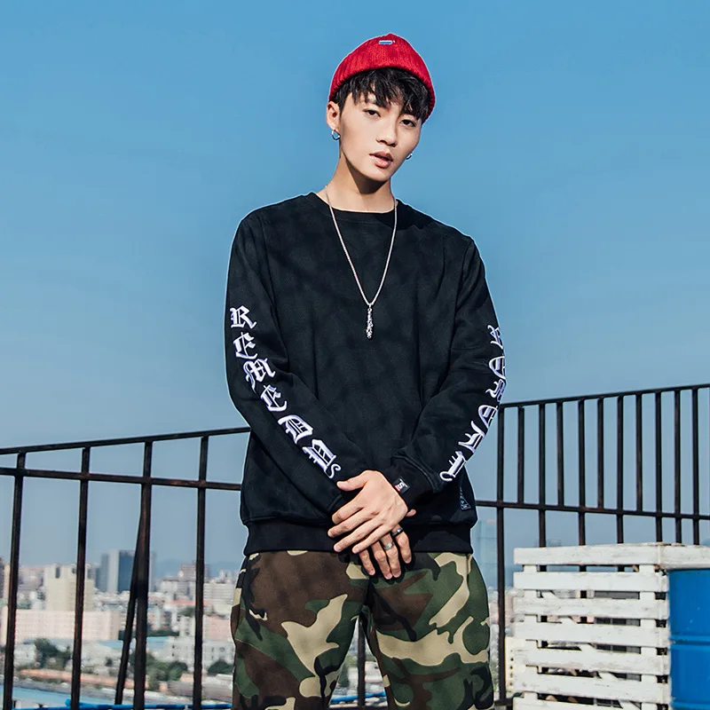 

Толстовка с круглым вырезом для мужчин и женщин на флисовой подкладке с рукавами большого размера и вышивкой Y2K уличная одежда повседневный пуловер с длинными рукавами толстовки черный